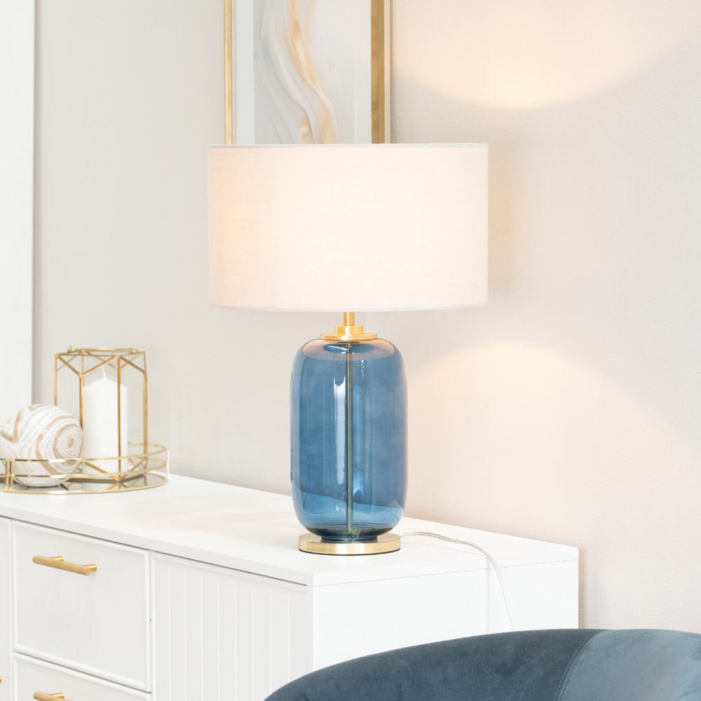 ValueLights Leigh Reni Natural Shade Navy Blue Glass LED Table Lamp Image 2