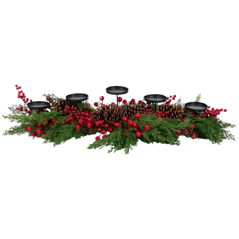 Festive Red Berry and Pinecone Candle Holder Image 1