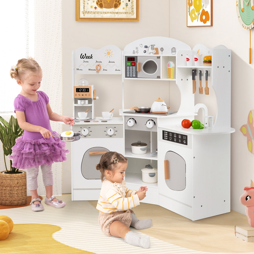 Costway White Kids Corner Wooden Play Kitchen Image 2