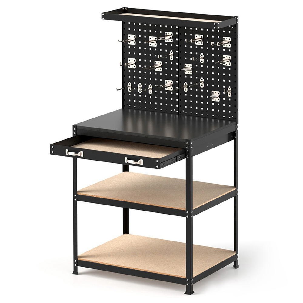 Costway Black Workbench with Pegboard and Shelves 81 x 41cm Image 1
