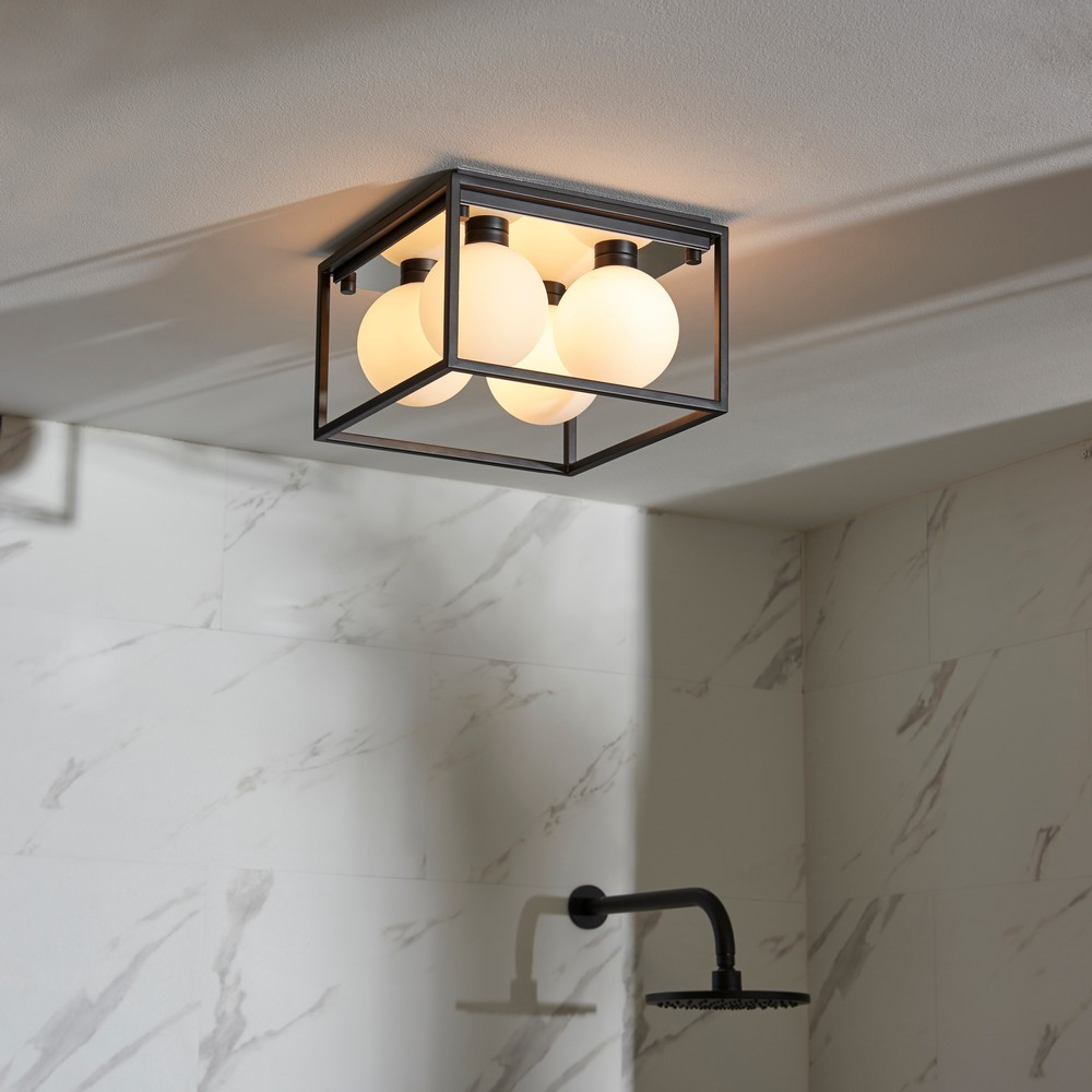 Merano Matera Matt Black and Matt Opal Glass Semi Flush Bathroom 4 Light Ceiling Light Image 2