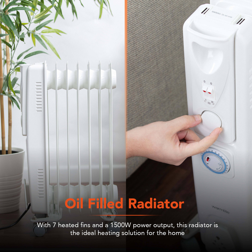 Warmlite 7 Fin White Oil Filled Radiator with Timer and Castor Wheels 1500W Image 3