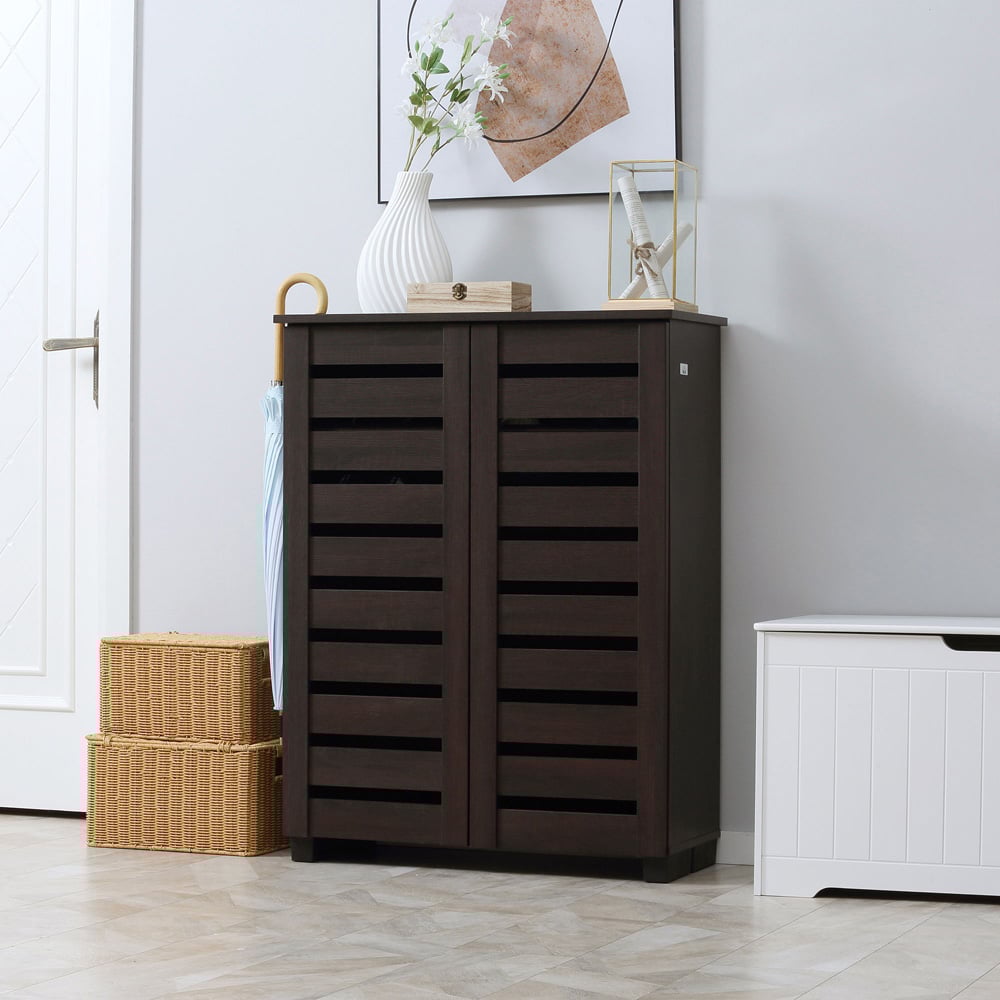 HOMCOM 2 Door Brown Slatted Shoe Storage Cabinet Image 4