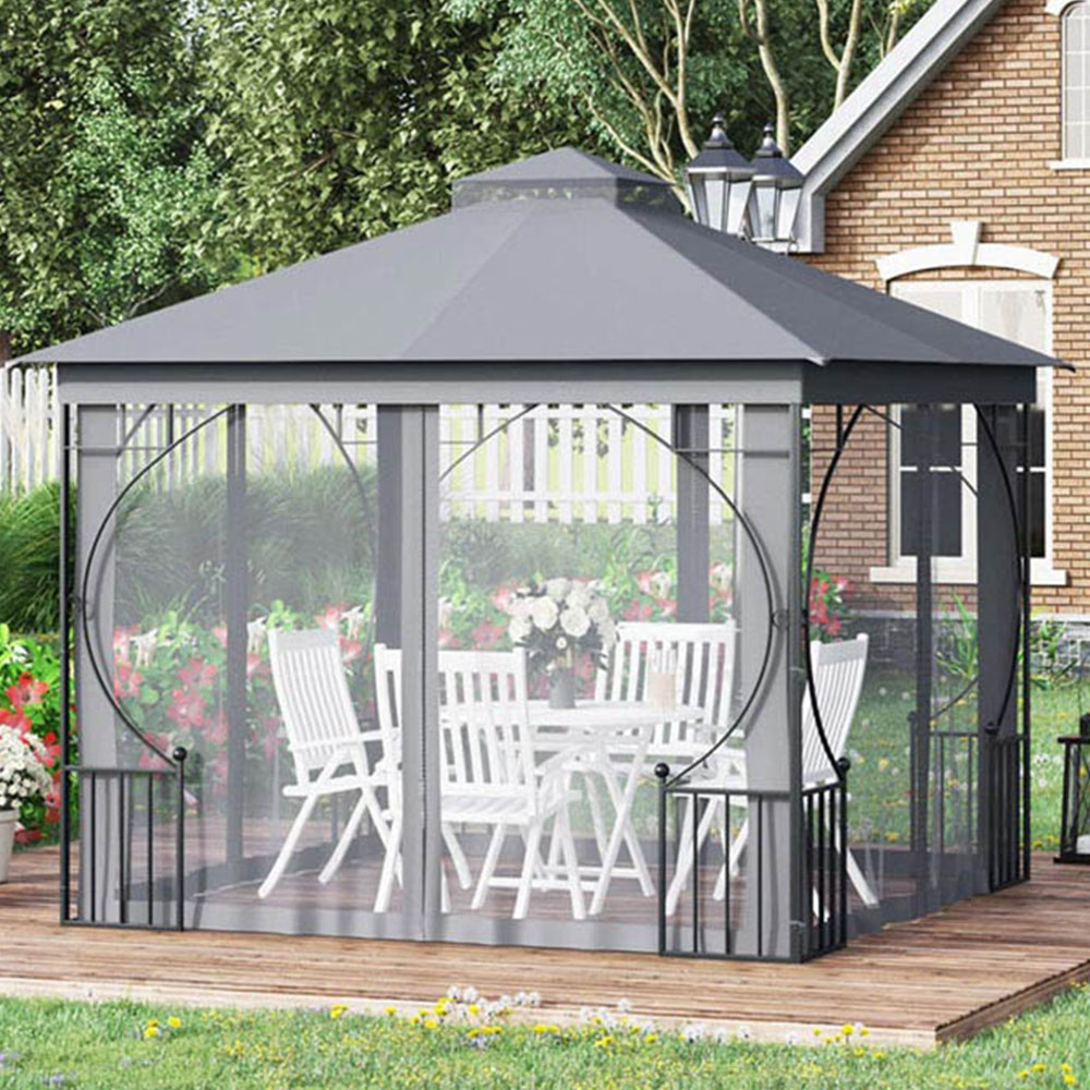 Outsunny 3 x 3m Light Grey Steel Frame Gazebo with Mesh Curtains Image 1