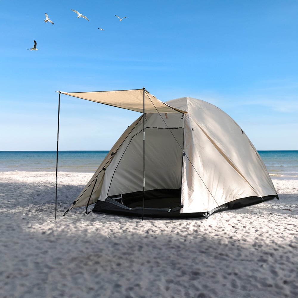 Living and Home 2 Person Khaki Waterproof Camping Tent with Extended Shade Image 2