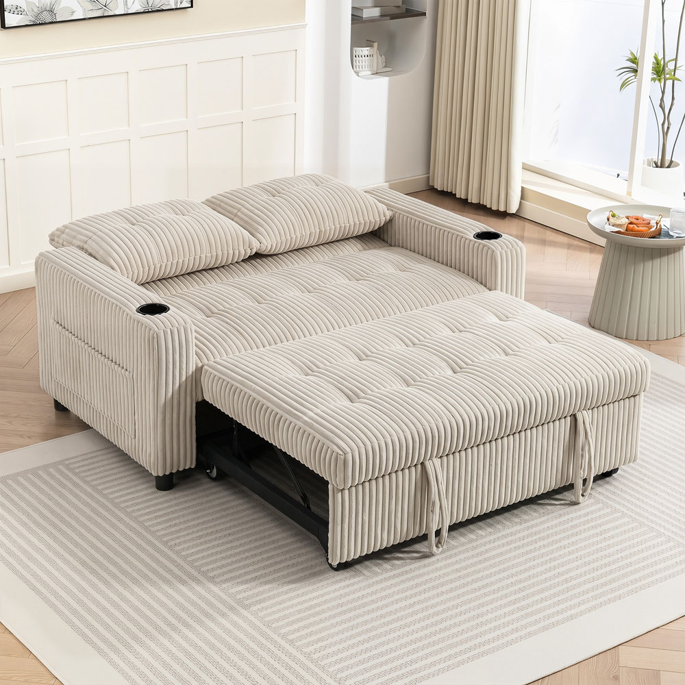 HOMCOM 3-in-1 2 Seater Cream White Corduroy Pull Out Sofa Bed Image 6