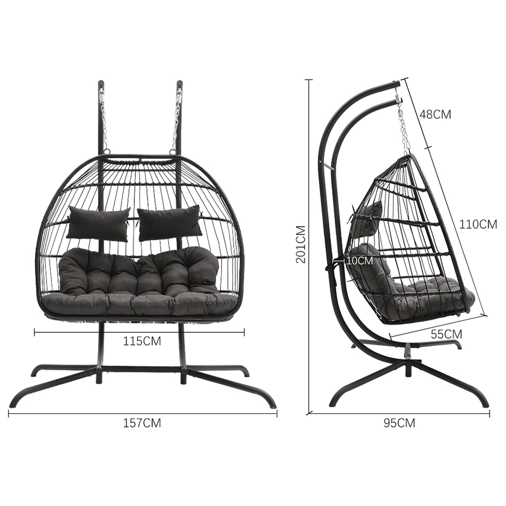 Living and Home 2 Seater Black Garden Hanging Egg Chair with Cushions Image 9