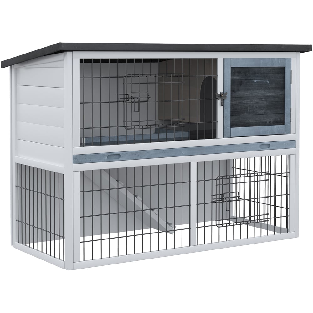 PawHut Grey 2 Tier Wooden Rabbit Hutch with Openable roof Image 1