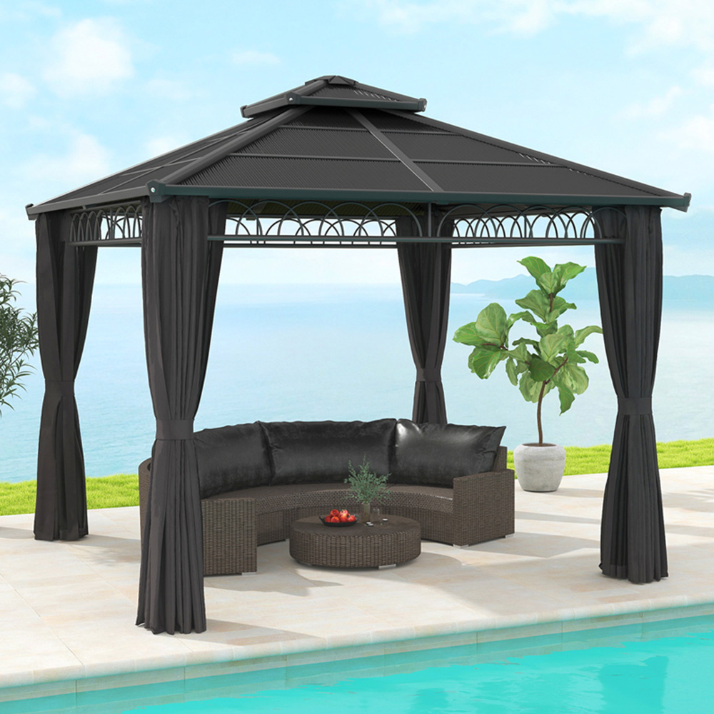 Outsunny 3 x 3 m Dark Grey Double Roof Hard Top Gazebo with Netting Image 1