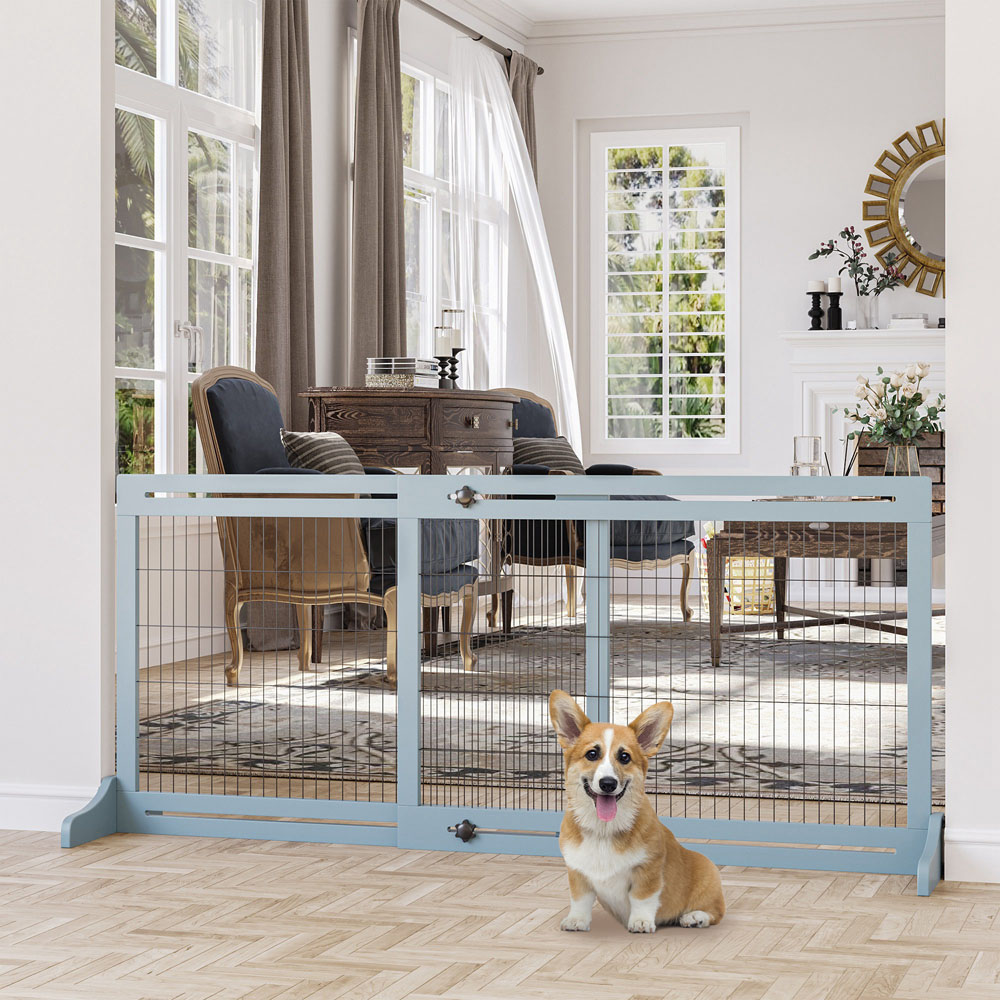 PawHut Grey Adjustable Wooden Doorway Freestanding Pet Safety Gate Image 2