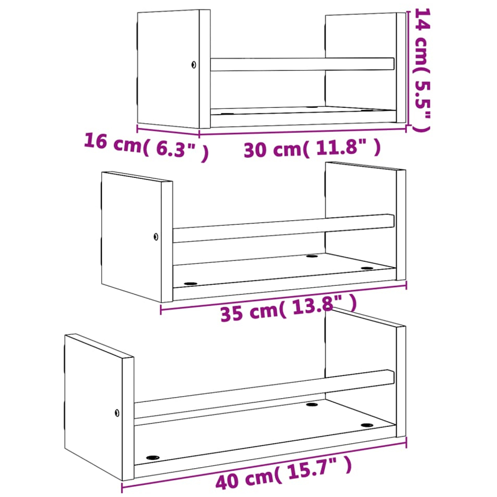 vidaXL Set of 3 Grey Sonoma Floating Wall Shelf Image 7