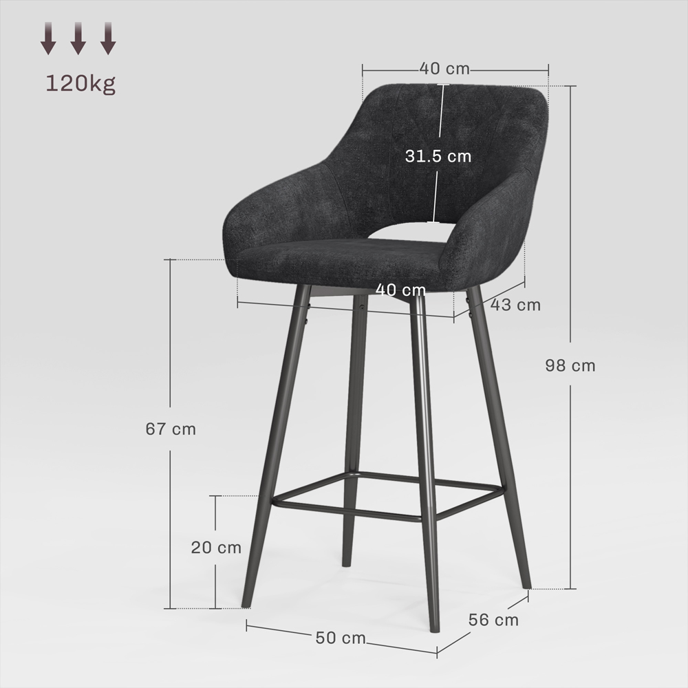 HOMCOM Dark Grey Velvet Touch Fabric Bar Chair Set of 2 Image 9