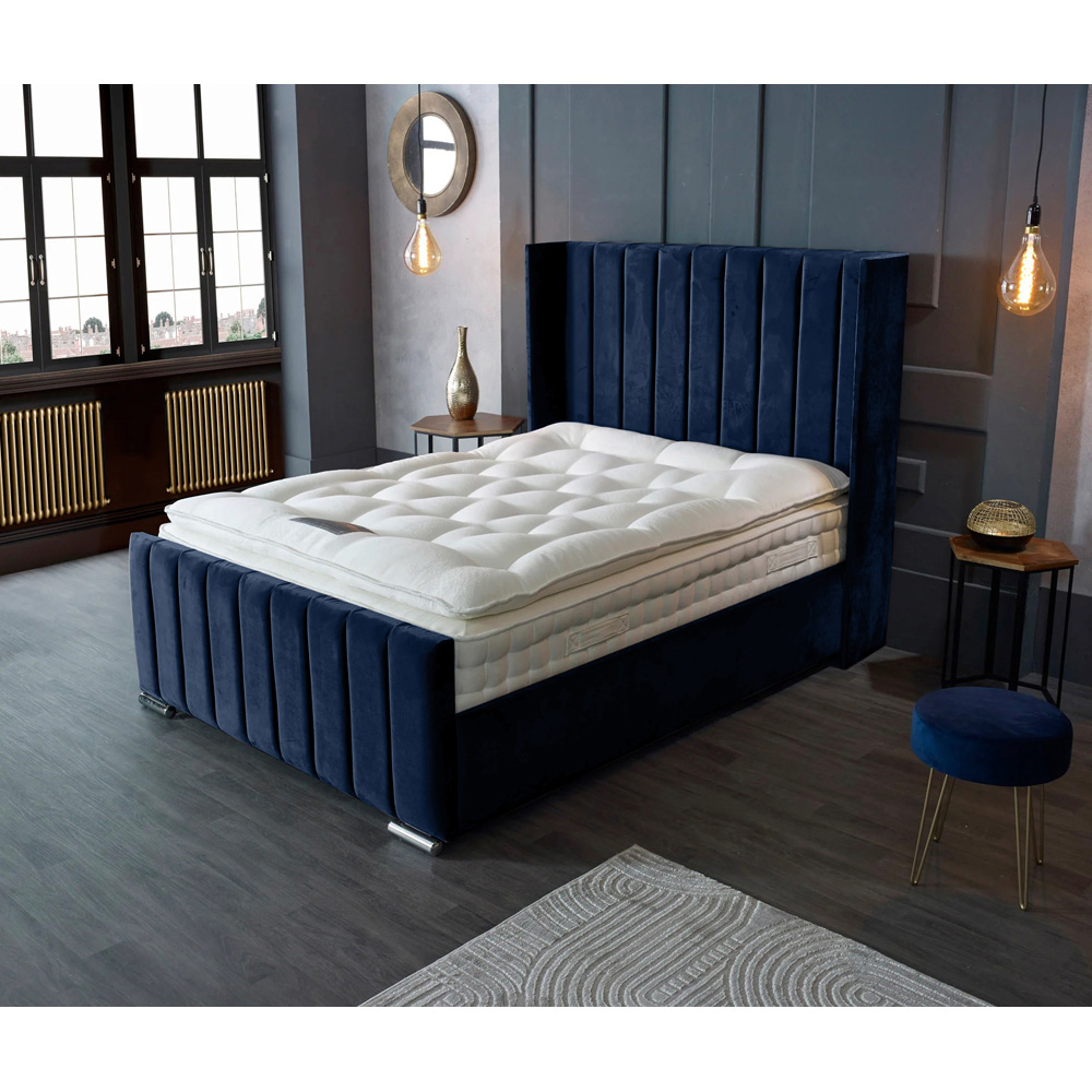 Eleganza Home Meriso Super King Size Blue Plush Velvet Bed Frame with Winged Headboard Image 3