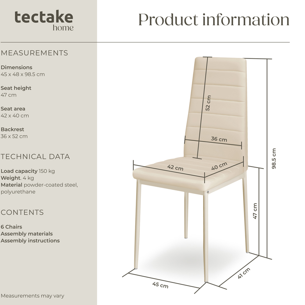 tectake Set of 6 Beige High Backrest Padded Dining Chair Image 9