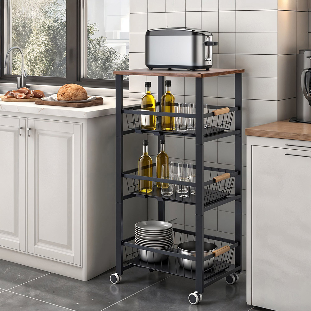 Living and Home 4-Tier Black Slim Kitchen Trolley Image 7
