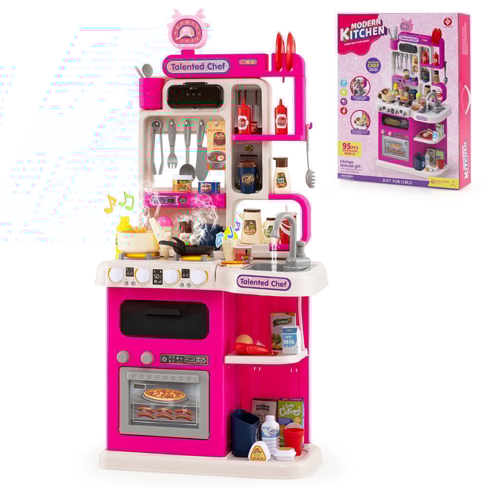 Costway Kids Pink Kitchen Play Set with Realistic Sounds and Lights Image 4