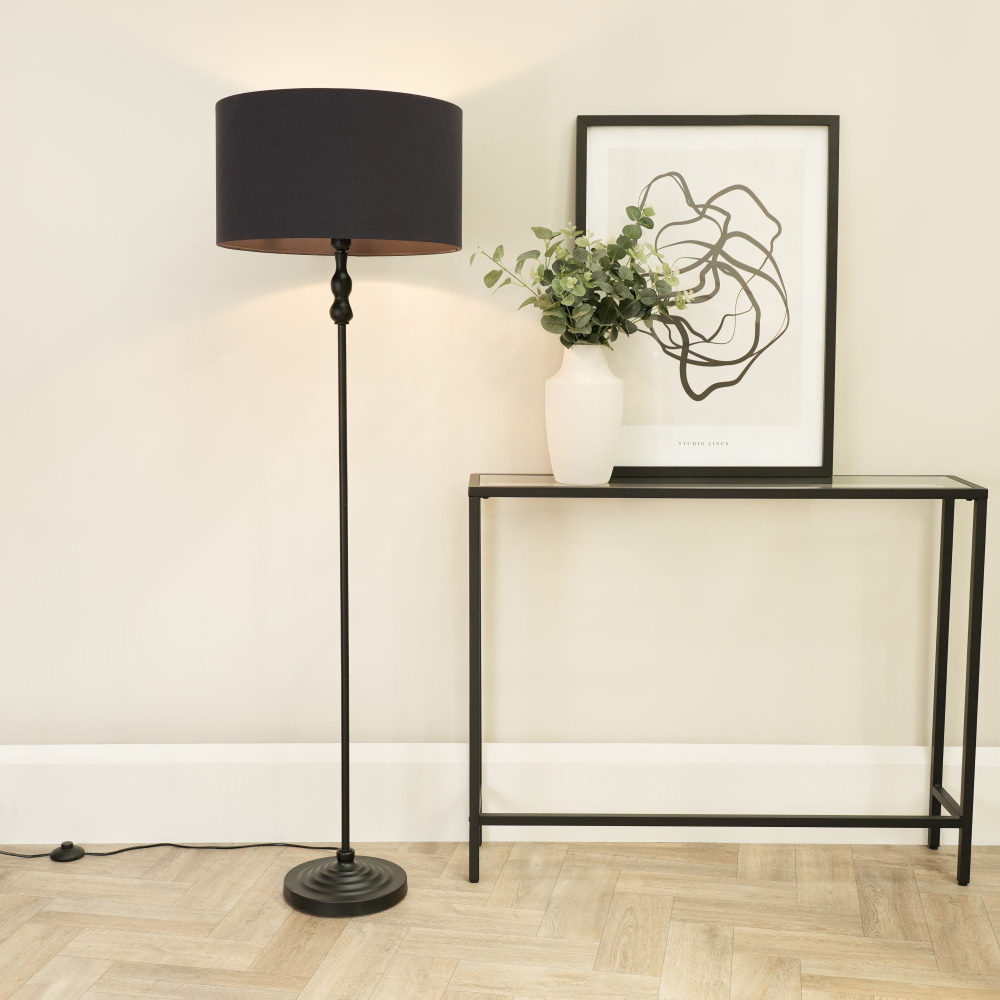 ValueLights Maggie Charcoal Fabric Shade Black Metal Candlestick Floor Lamp Image 2