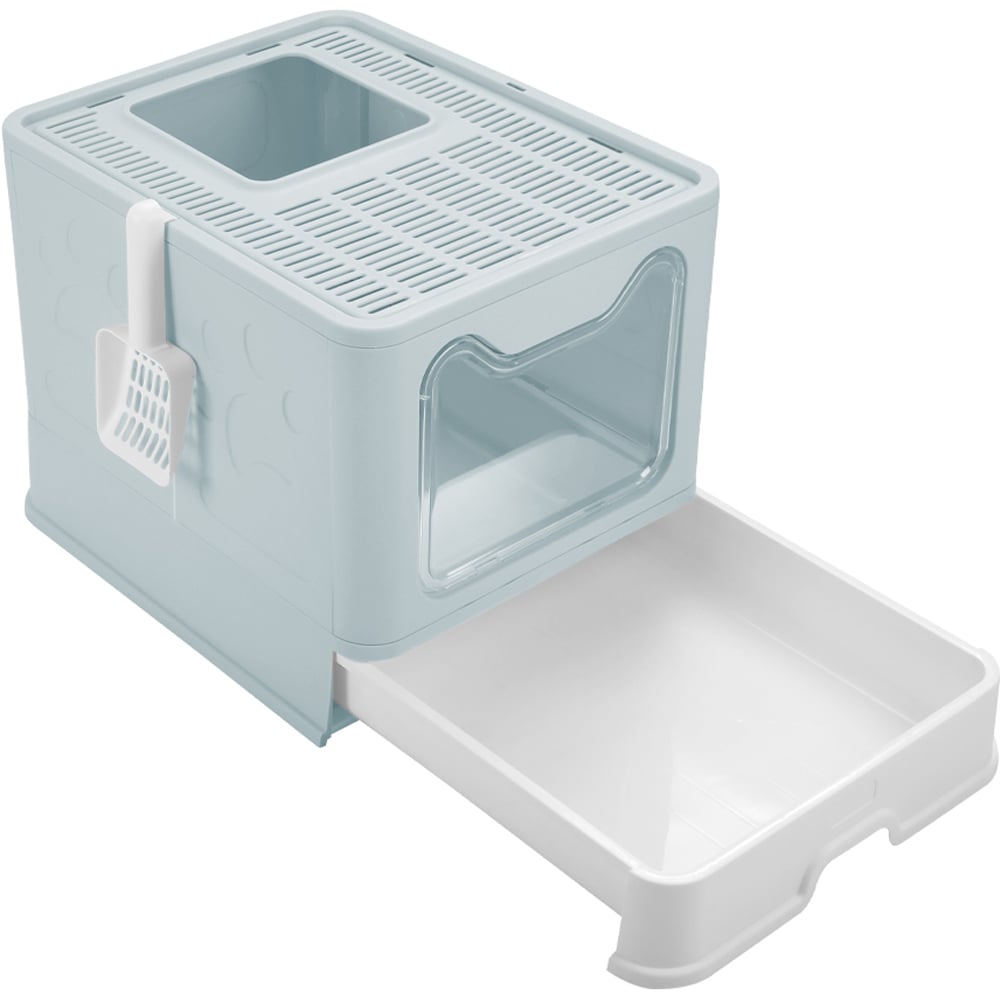 H&O Direct Plastic Foldable Blue Cat Litter Box with Scoop Image 2