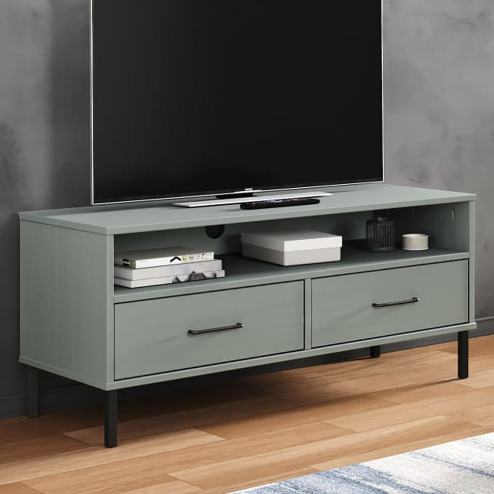 vidaXL Single Shelf 2 Drawer Grey Solid Pine Wood TV Cabinet Image 1