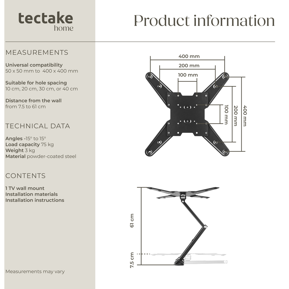tectake Black 26 to 75 inch Extendable Tilt and Swivel TV Bracket Image 8