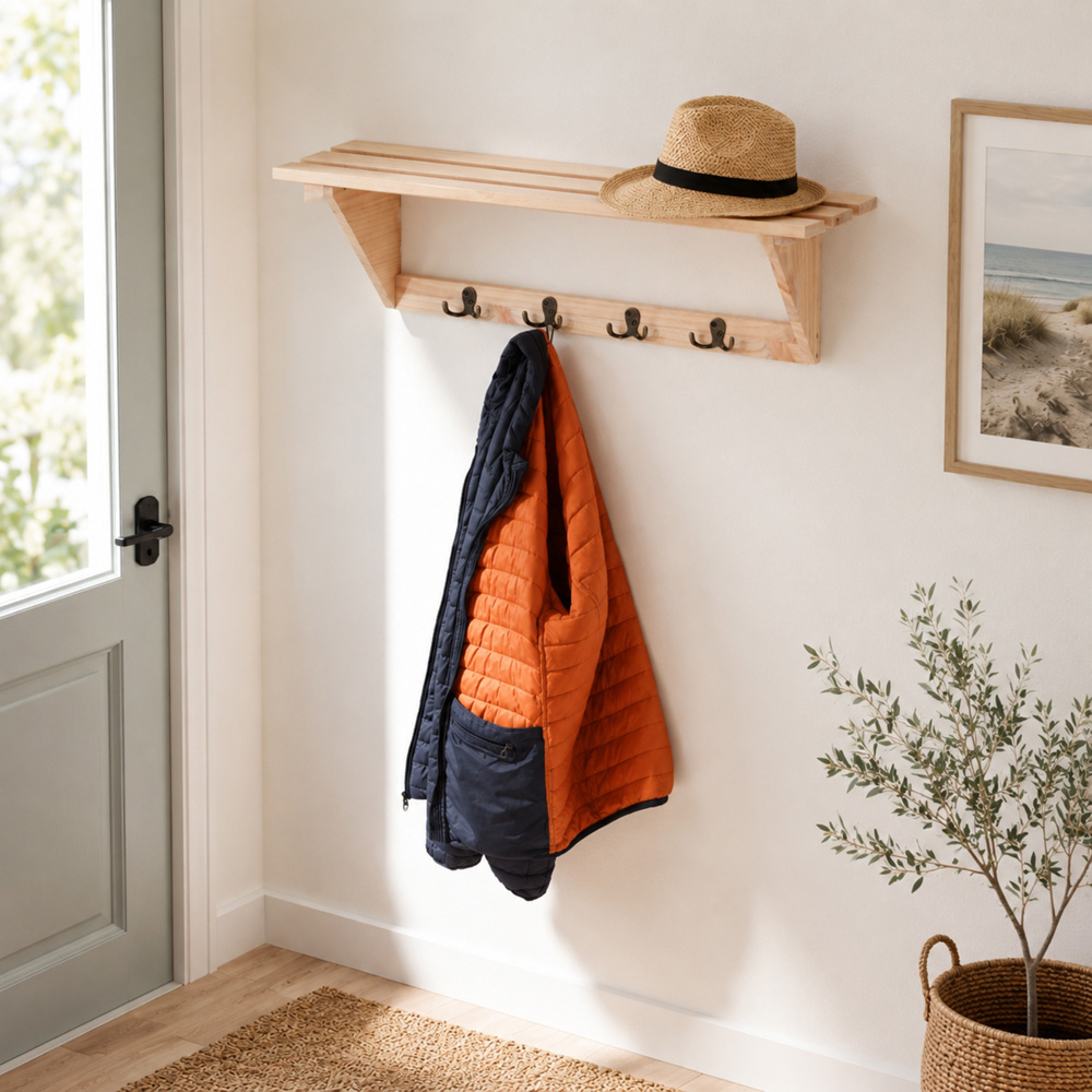 Core Products Single Shelf Solid Pine Pre-Sanded Hat and Coat Shelf Kit with Hooks Image 4