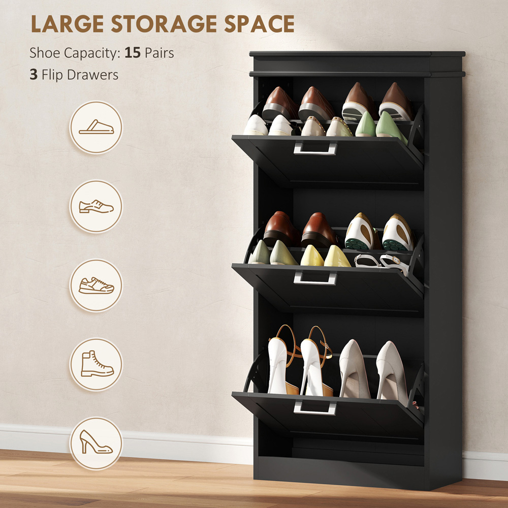 Portland 3 Flip Drawer Black Slim Shoe Storage Cabinet Image 7