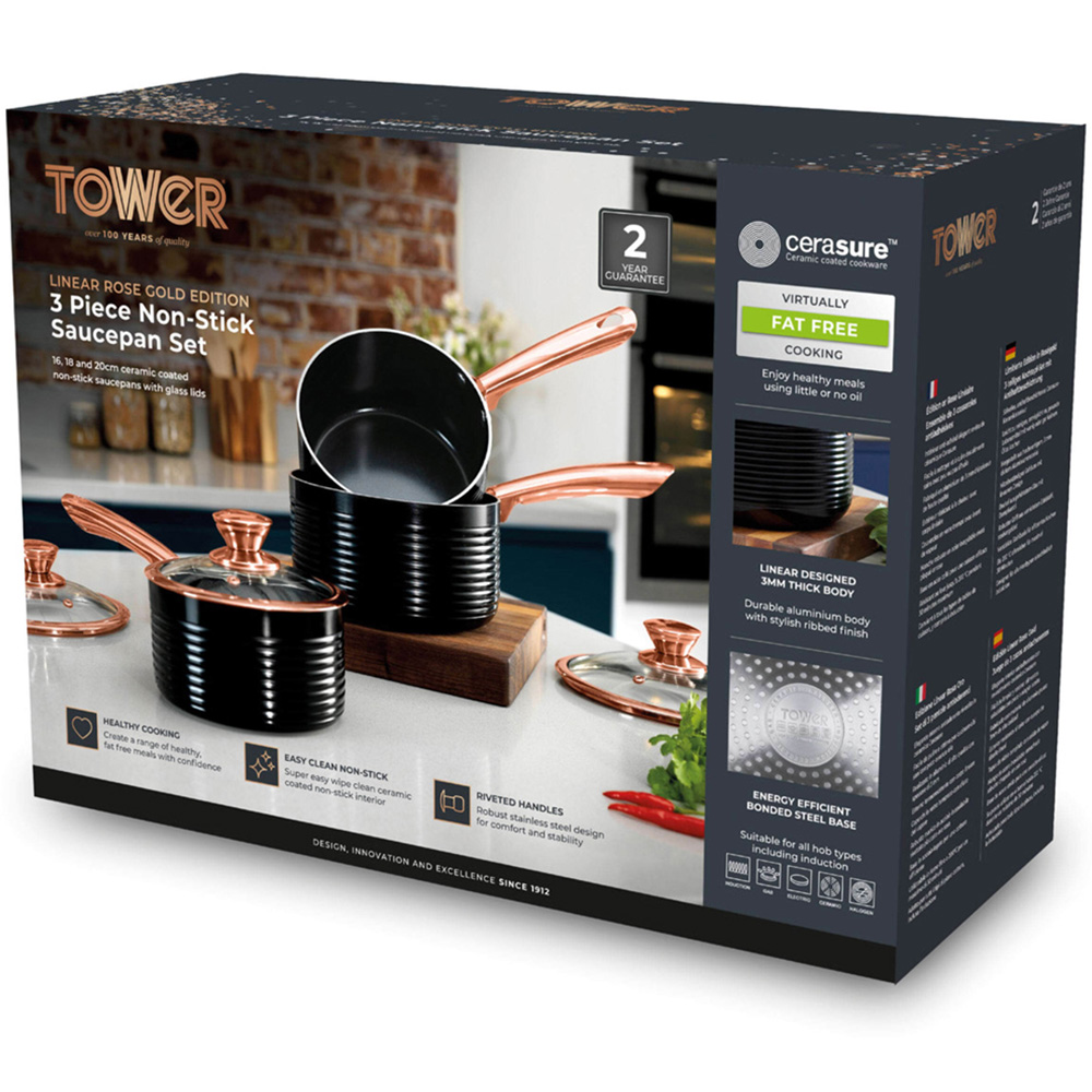Tower Linear 3 Piece Black and Rose Gold Aluminium Non-Stick Saucepan Set Image 8