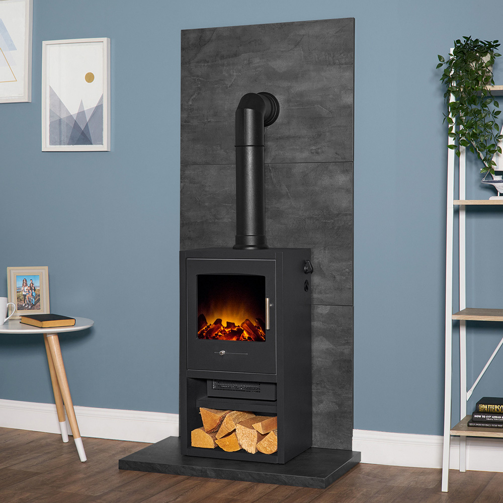 Acantha Slate Venetian Plaster Effect Tile and Hearth with Bergen XL Electric Stove and Angled Pipe Image 6
