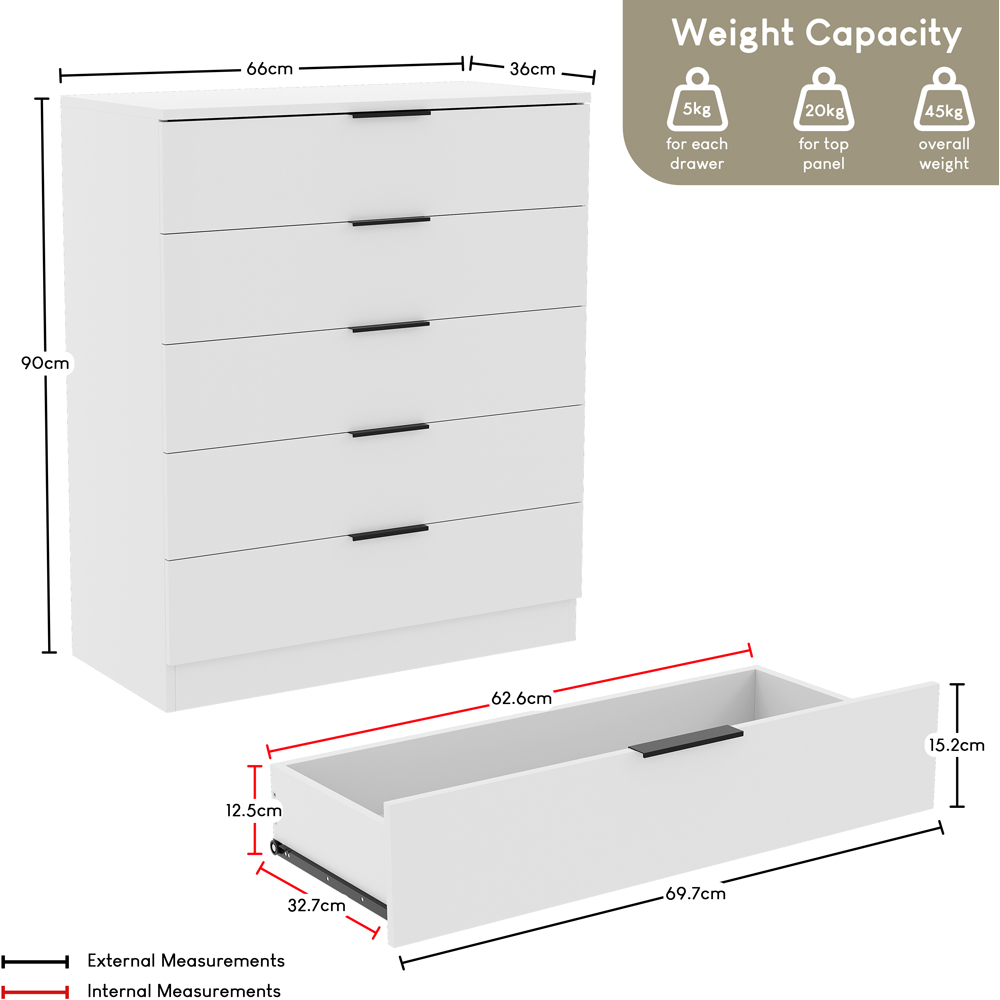 VIDA DESIGNS Trega 5 Drawer White Bedside Cabinet Image 9