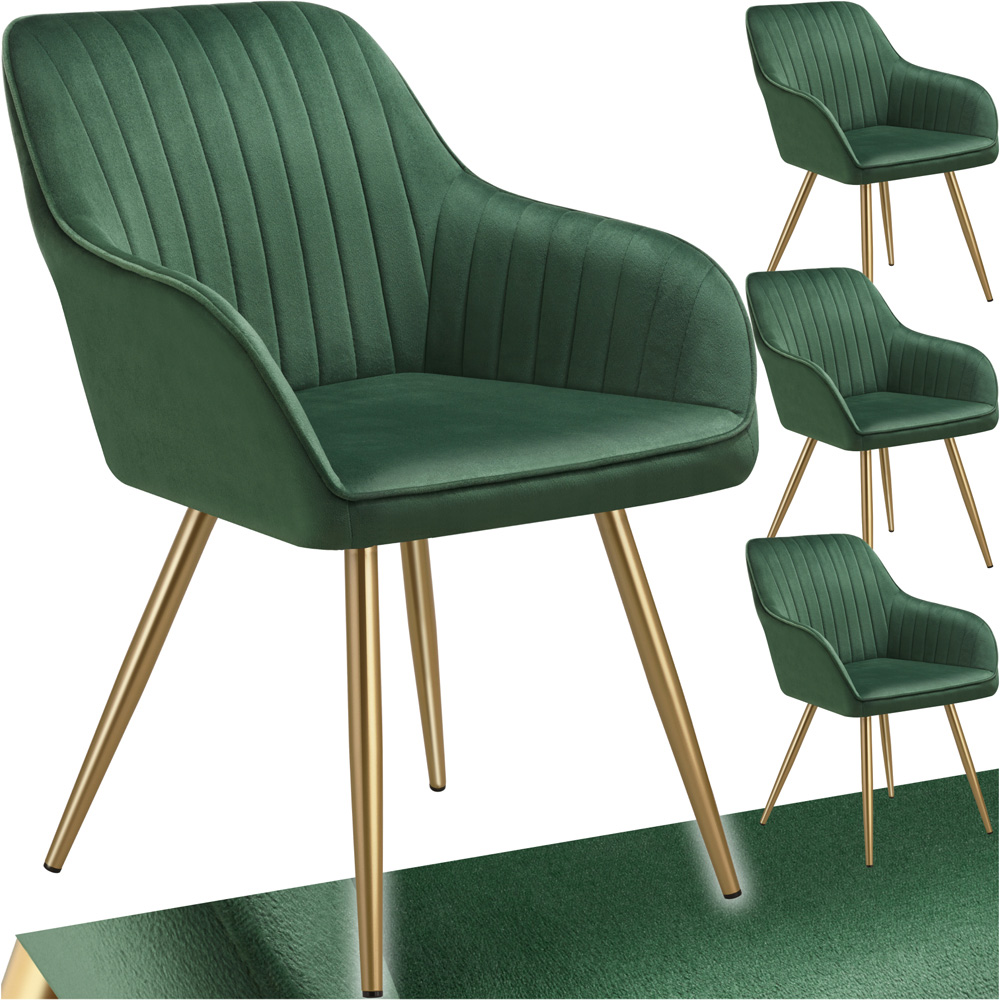 tectake Marilyn Set of 4 Dark Green and Gold Quilted Velvet Dining Chair Image 2