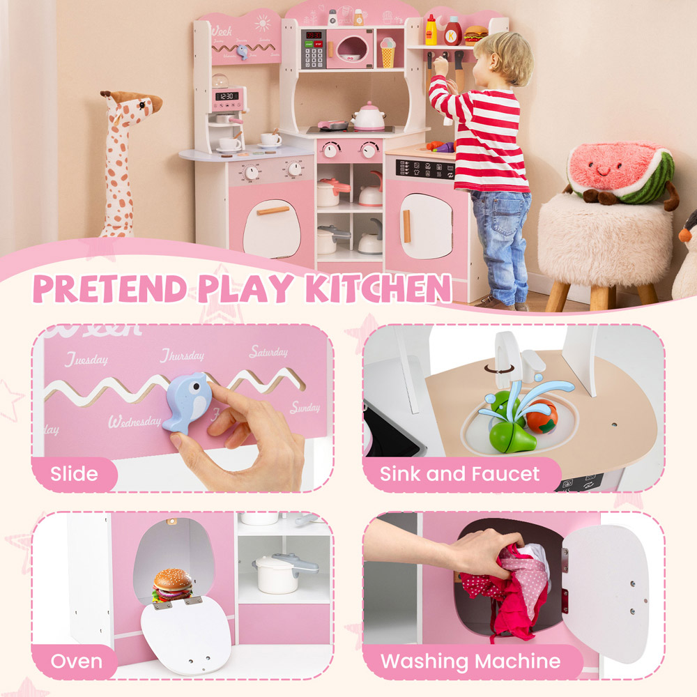 Costway Pink Kids Corner Wooden Play Kitchen Image 4