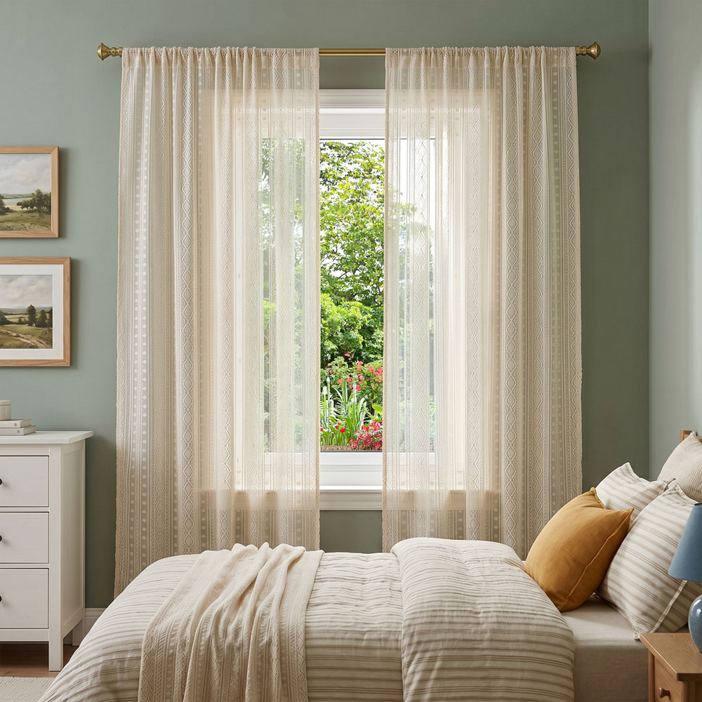 Living and Home Beige Geometric Semi Sheer 2 Panel Curtain 100 x 213cm Image 8