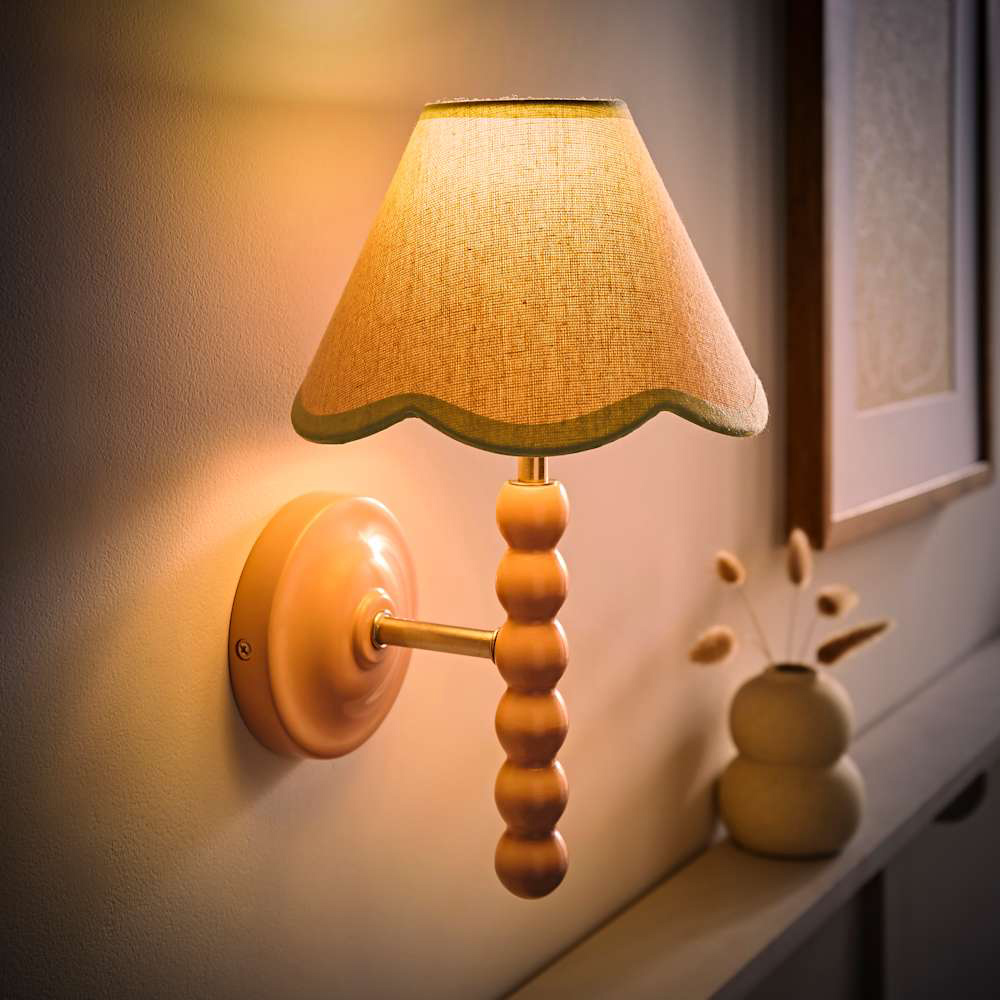 ValueLights Green Trim Scallop Shade Pink Bobbin LED Wall Light with Bulb Image 2