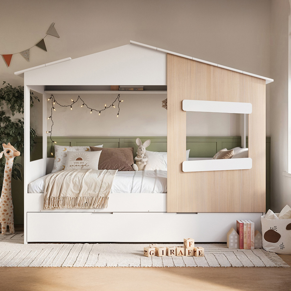 Flair Dreamland White and Oak Play House Bed Frame with Trundle Image 1