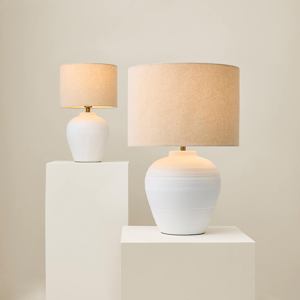 ValueLights Reid Linen Drum Shade White Ribbed Ceramic Small Table Lamp with Bulb Image 6