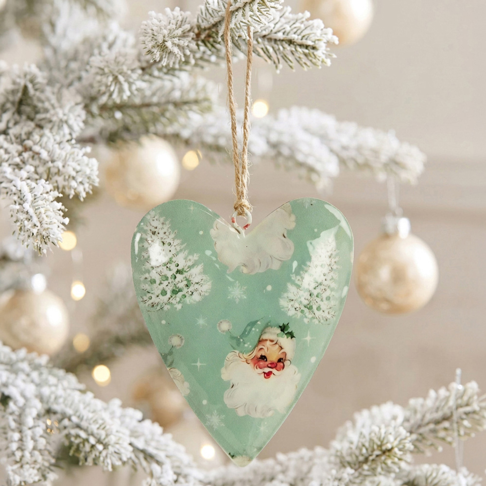 Scandi Santa Metal Heart Decoration Sage Green Image 2