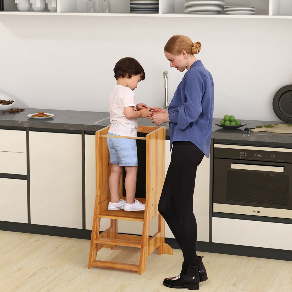 Costway Toddler Natural Kitchen Stool with Chalkboard and Whiteboard Image 3