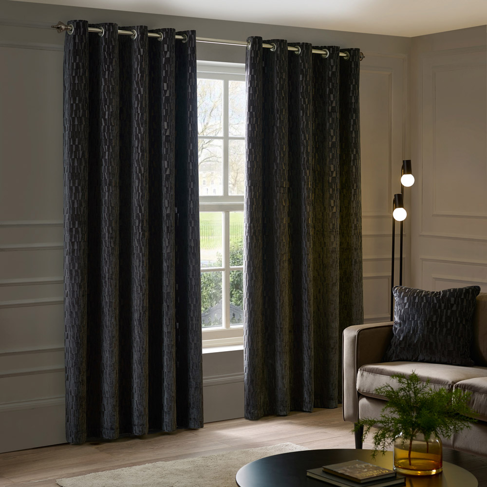 Paoletti Manhattan Charcoal Fully Lined Velvet Eyelet Curtains 168 x 183cm Image 1