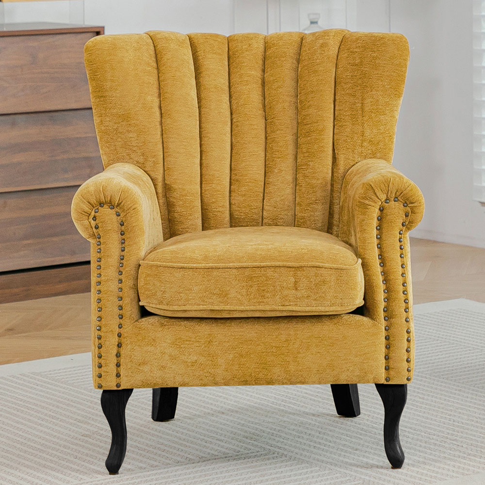 Living and Home Yellow Chenille Upholstered Channel Back Armchair Image 8