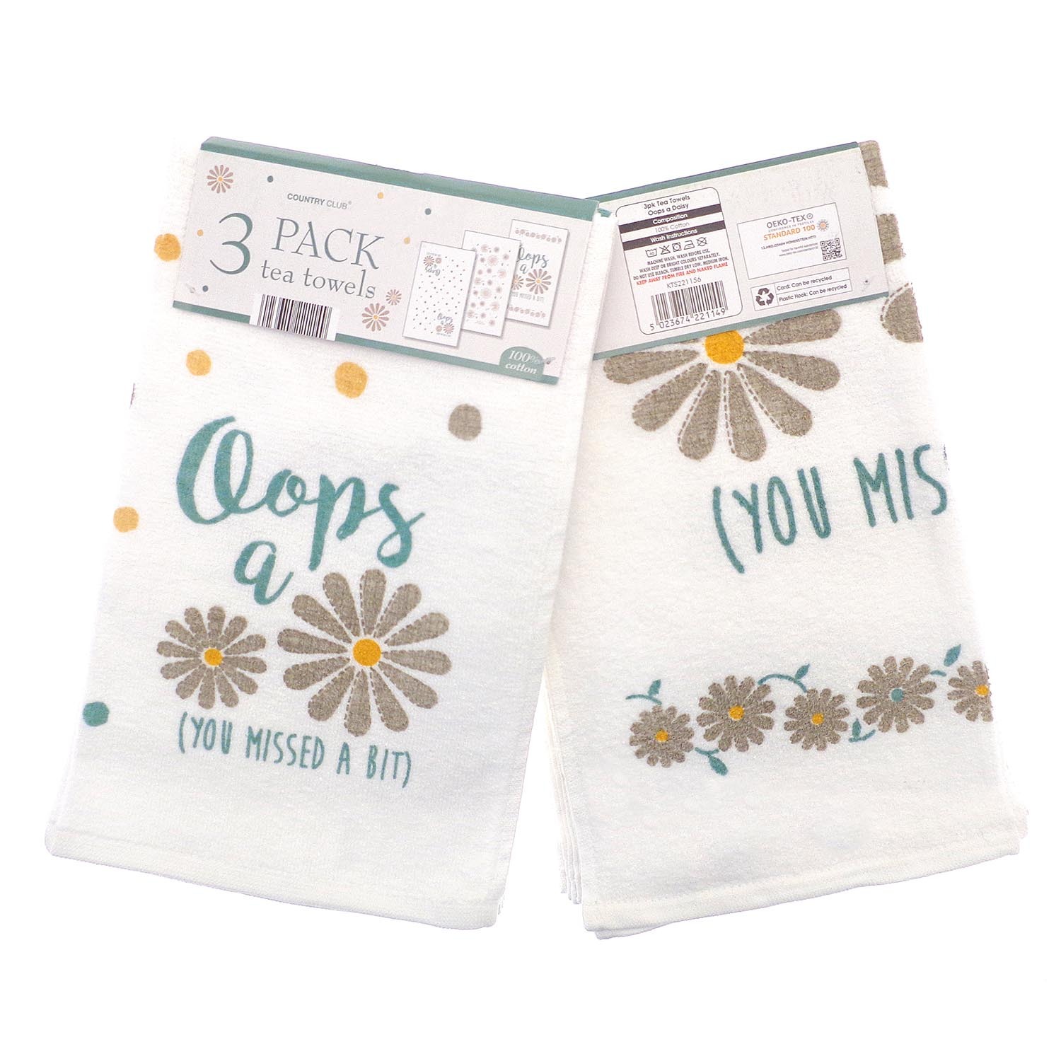 Pack of 3 Oops a Daisy Tea Towels - White Image 1