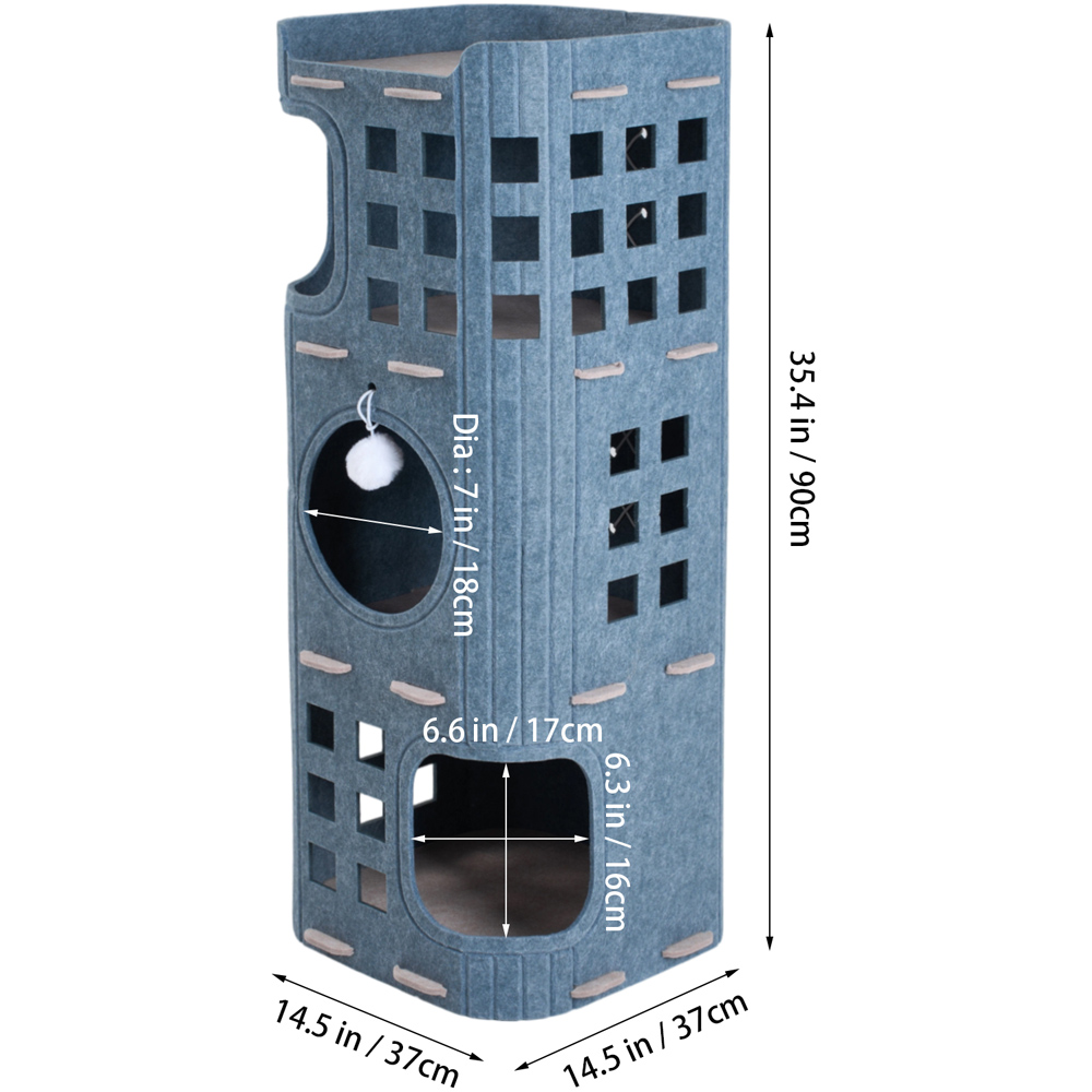 H&O Direct 3-Tier Grey Felt Cat House with Hanging Fluffy Ball Image 6