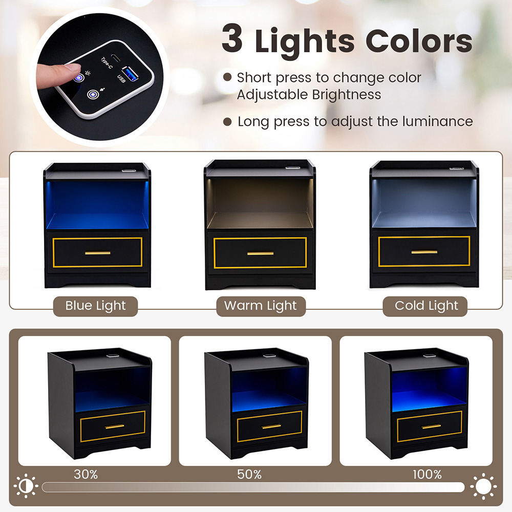 Costway Single Drawer Single Shelf Black LED Bedside Table with USB Port Image 5