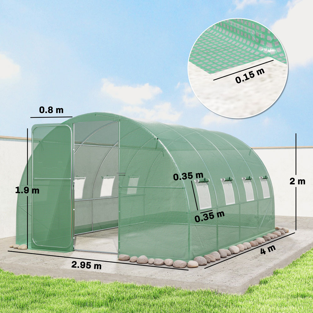 Outsunny Green Polytunnel 3 x 4m Walk-In Greenhouse with 8 Windows Image 9
