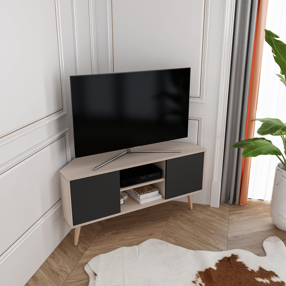 Decorotika Lesson 2 Door 2 Shelf Beige and Black Corner TV Stand Image 3
