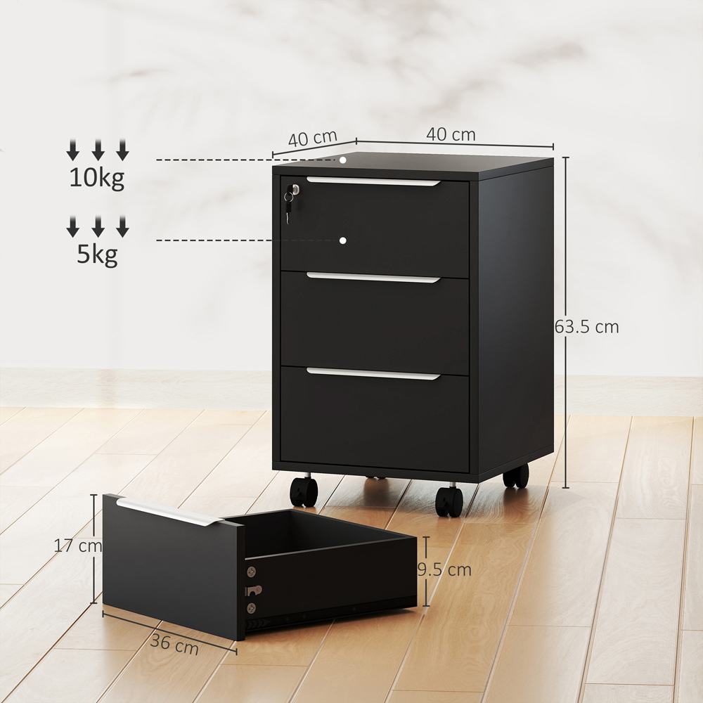 HOMCOM 3 Drawer Black Lockable Mobile Filing Cabinet Image 9