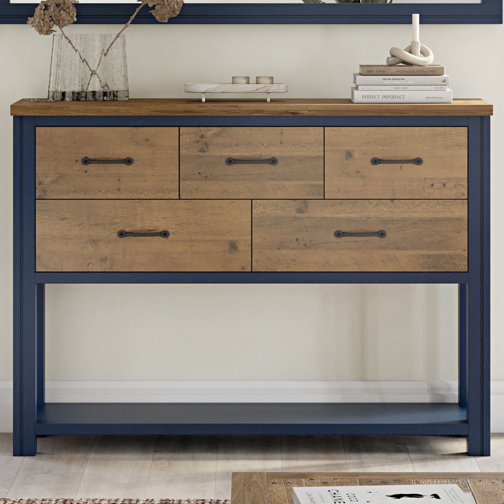 Baumhaus Splash of Blue 5 Drawer Single Shelf Wooden Blue Console Table Image 1