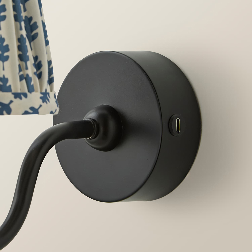 ValueLights Lowe Blue Ditsy Floral Pleated Shade Black Rechargeable Wall Light with Bulb Image 5