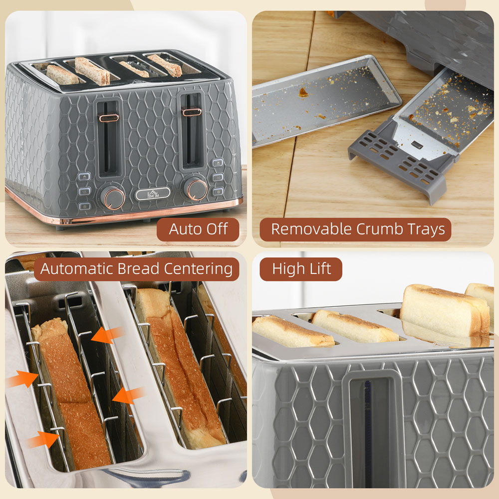 HOMCOM 800-208V70GY Grey Honeycomb 4 Slot Toaster 1600W Image 7