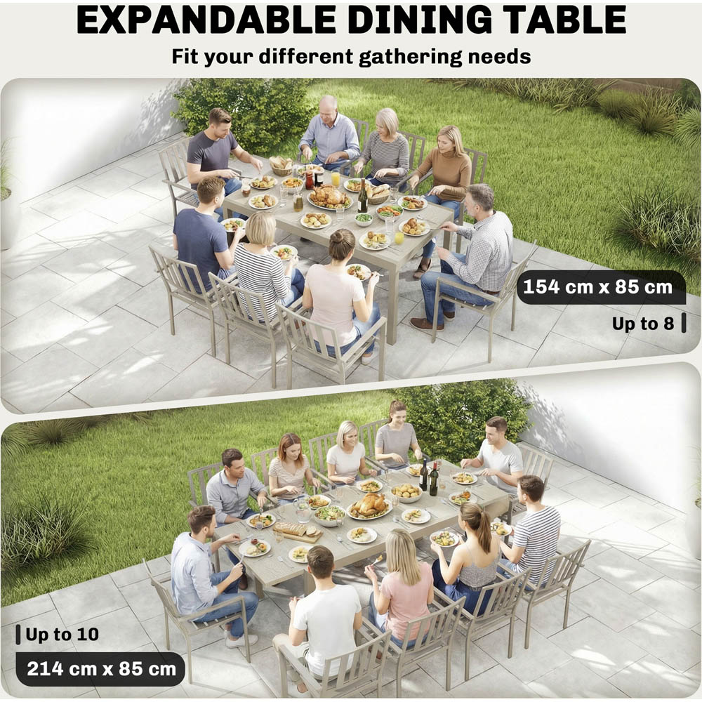 Outsunny 10 Seater 154-214cm Aluminium Extendable Garden Dining Table Light Grey Wood Effect Image 5