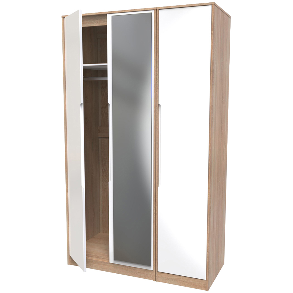 Crowndale Monaco 3 Door White Gloss and Bardolino Oak Tall Mirror Wardrobe Ready Assembled Image 6